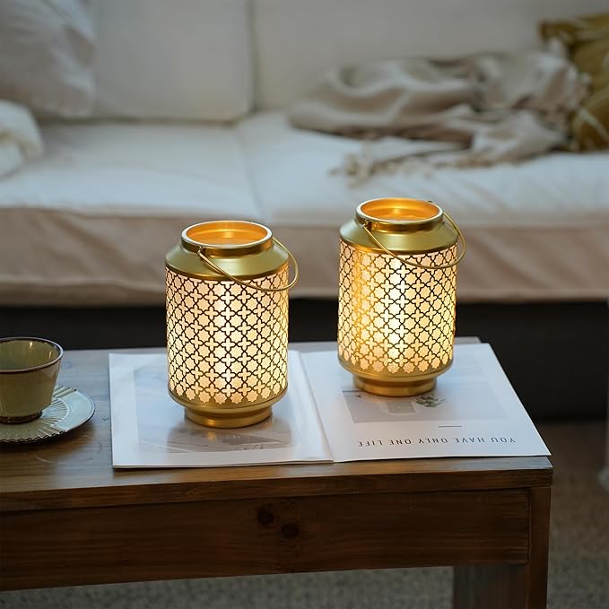 TRIROCKS Set of 2 Battery Operated Lamp 7.5'' High Cordless Decorative Lamp Metal Table Lamps with LED Bulb for Home Living Room Weddings Parties Patio Events Outdoors Indoors Shelf (Gold)