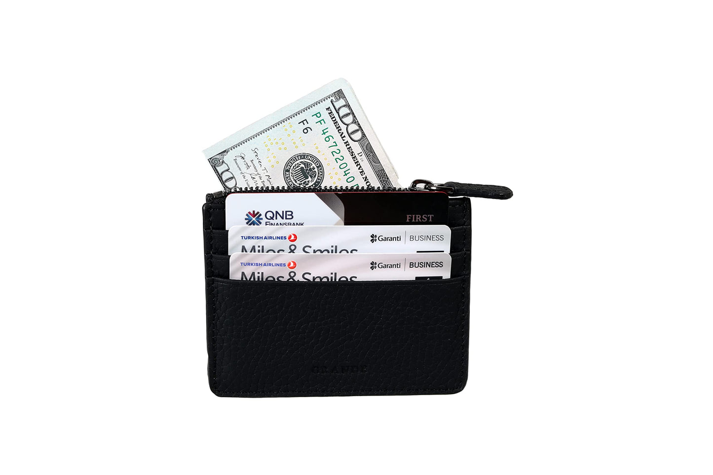 grande 3603 Genuine Leather Card Holder For Women and Men Slim Minimalist Small Zipper Wallet (BLACK)