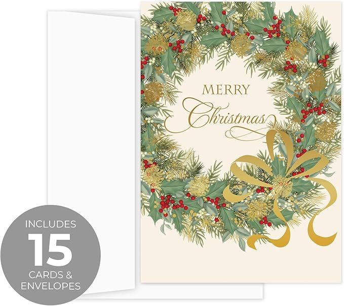 Masterpiece Traditional Wreath Christmas Cards / 15 Festive Holiday Cards Set With White Envelopes / 5 5/8" x 7 7/8" Winter Greeting Cards With Inside Verse