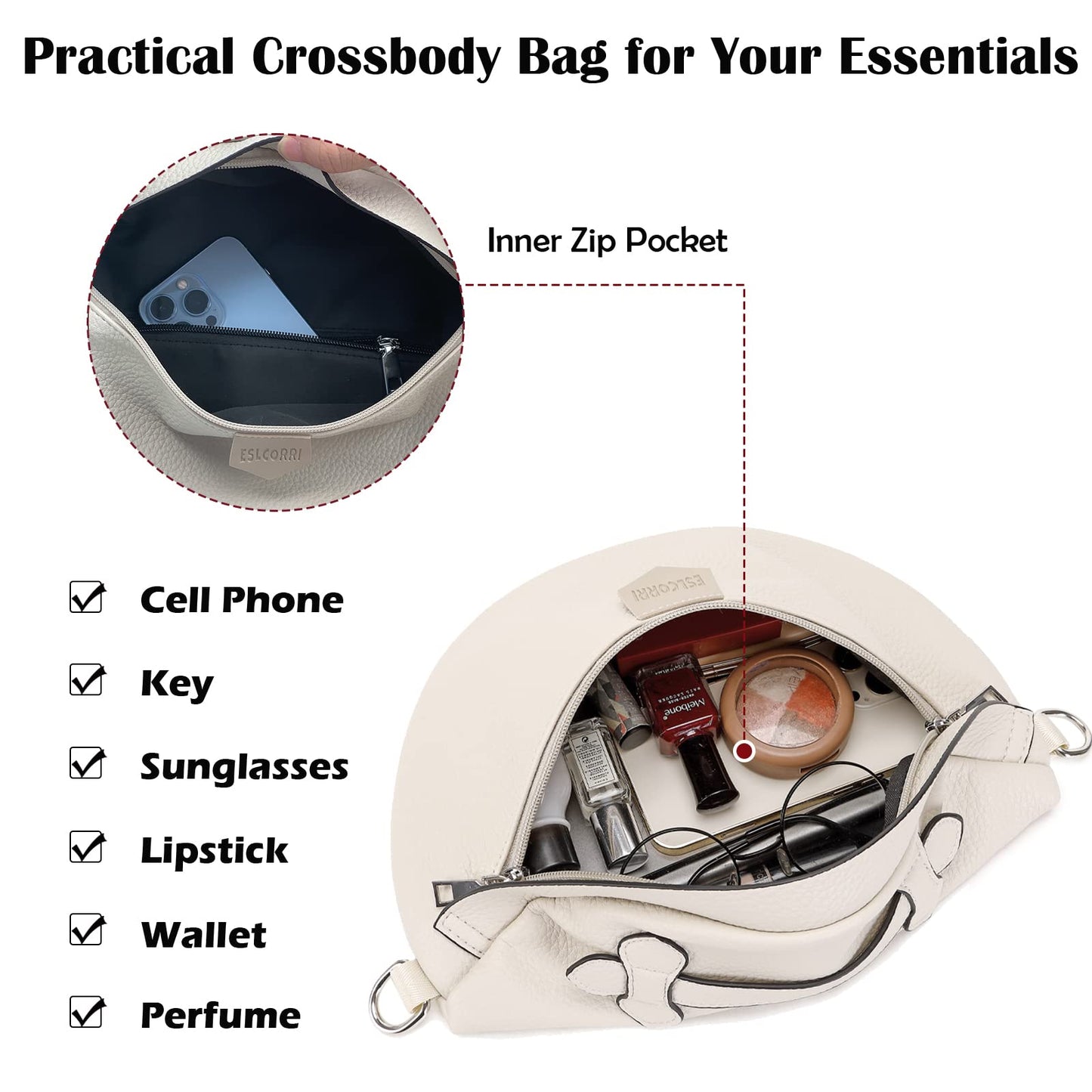 Eslcorri Crossbody Bags for Women - Fashion Sling Purse Shoulder Bag Fanny Pack Leather Casual Chest Bum Bag with Adjustable Wide Strap for Workout Traveling Running Shopping - off white