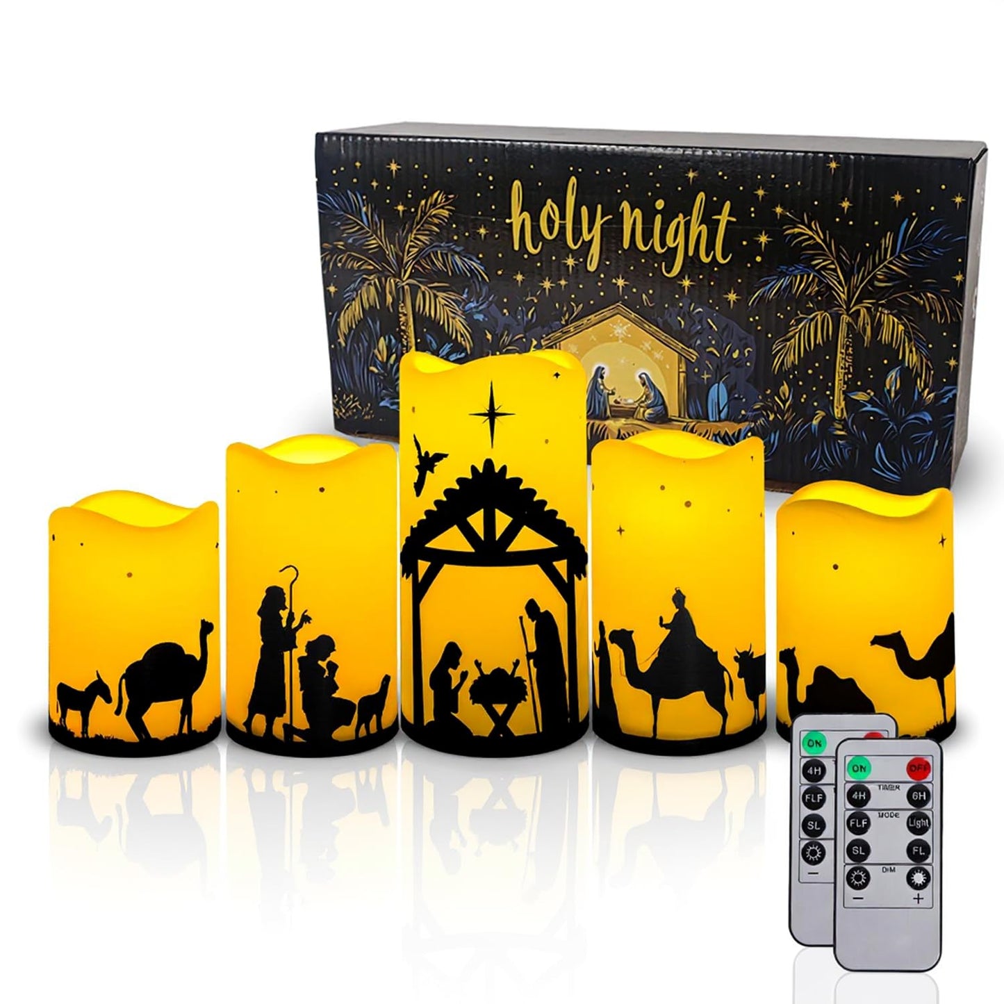 ONEIHOMM 5 Pcs Christmas Nativity Scene Candles with Timer Remote Control