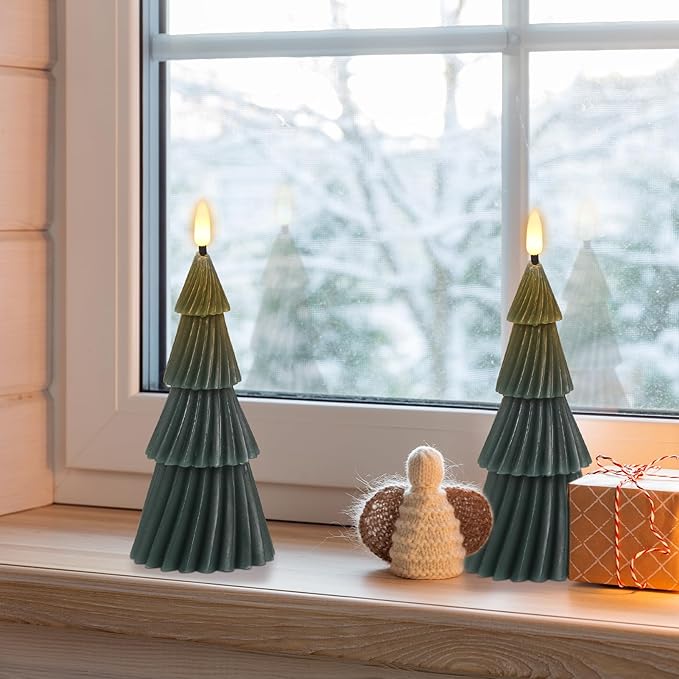 Christmas Tree Spiral Skirt-Shaped Flameless Candles with 6H Timer, 2 Pcs Battery Operated LED Pillar Candle with Flickering 3D Wick, Green Candles for Home Décor
