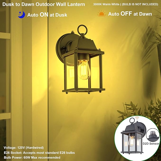 LIT-PaTH Dusk to Dawn Outdoor Wall Lantern, Wall Sconce Waterproof Porch Lighting Fixture, E26 Base, Aluminum Housing with Glass Shade, 1-Pack, Black