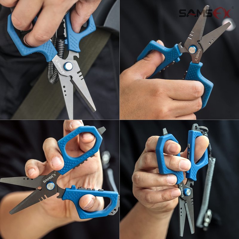 SAMSFX 6.5" Pro Fishing Shears Dual Serrated Blades, Fishing Braided Line Scissors with Titanium Coating, Non-Slip Grip & Multifunction Tool, Includes Hard Molded Locking Sheath & Coiled Lanyard