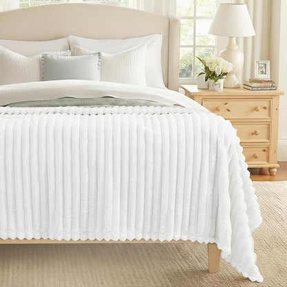 decorUhome Soft Fleece White Blanket Queen Size for Bed, Cozy Fluffy Plush Flannel Large Striped Throws for Couch Sofa, Lightweight Decorative Fuzzy Blanket for Woman, 90x90 Inches