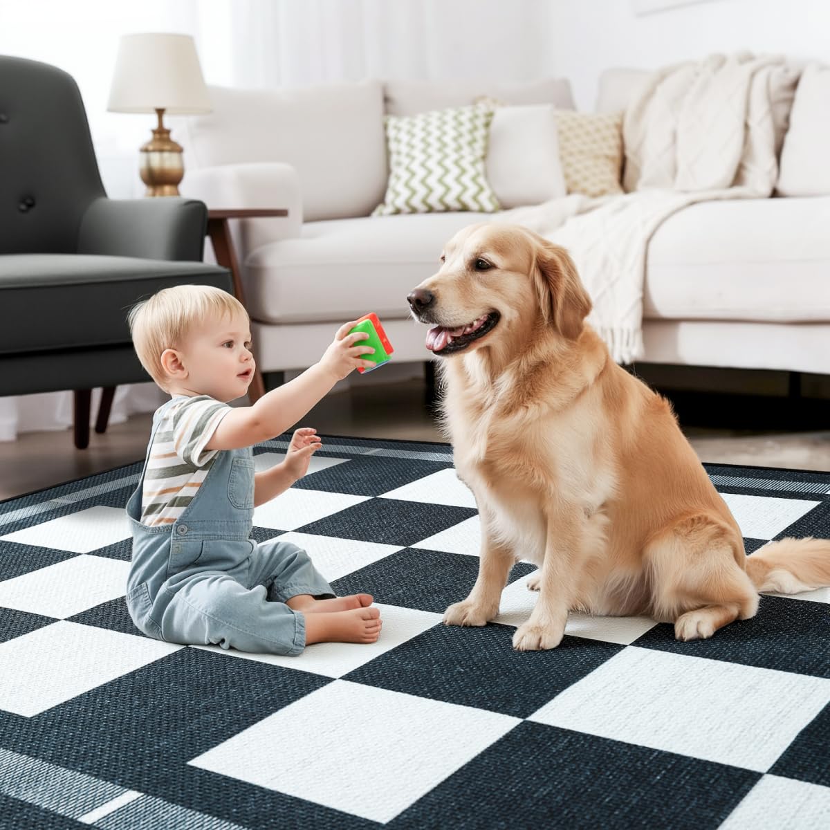 Vasofe Checkered Jute 5x7 Area Rugs, Washable Outdoor Patio Rug for Living Room Indoor Carpet, Non-Slip Farmhouse Geometric Non Slip Carpet for Backyard Dining Room Bedroom, Black and White