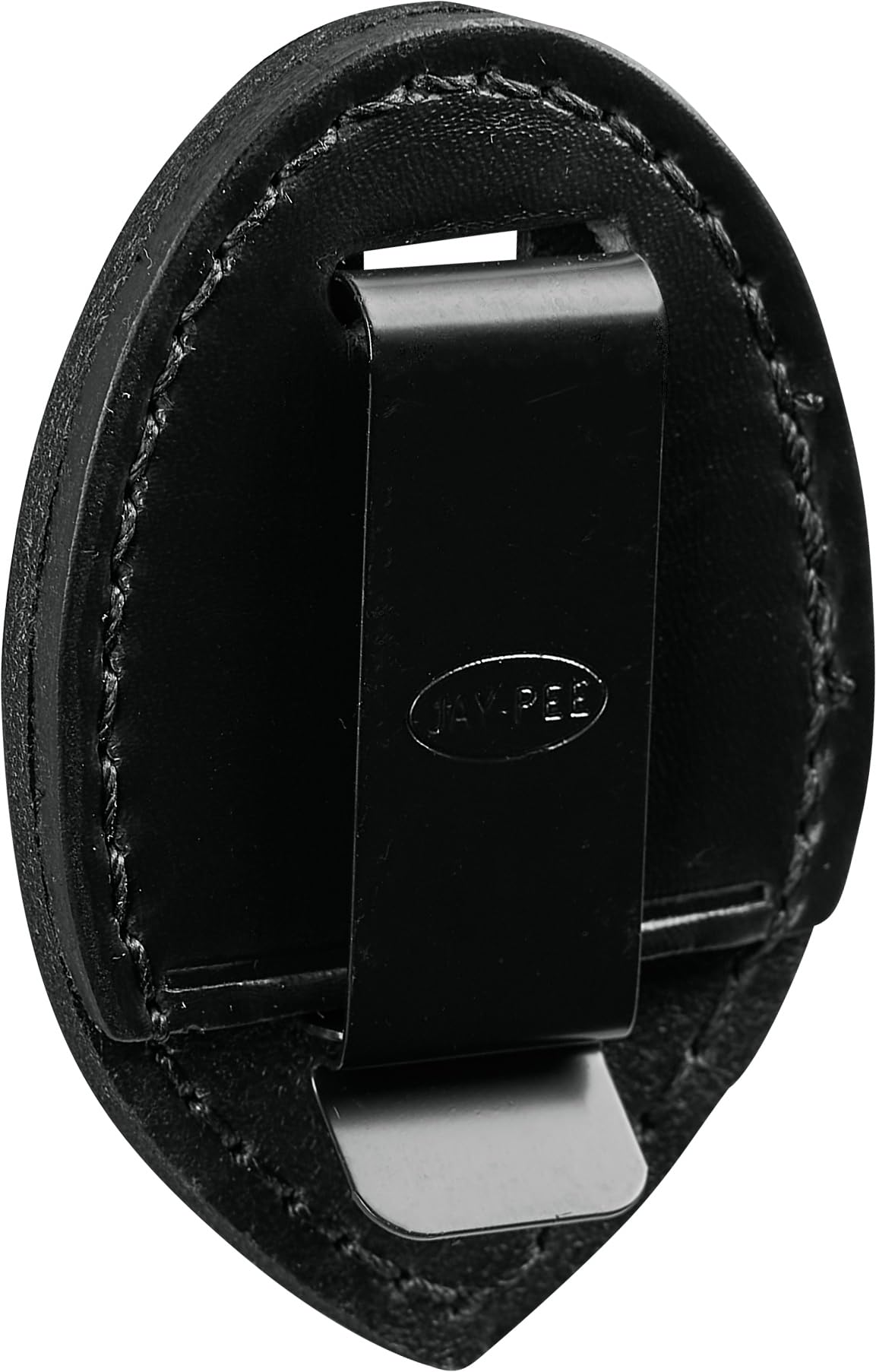 JAY-PEE Teardrop Leather Badge Holder with Belt Clip, Tactical Black Leather Carrier with Hook and Loop Closure, Belt Mounted Law Enforcement Badge Holder, Security Duty Gear Accessory, Made in USA