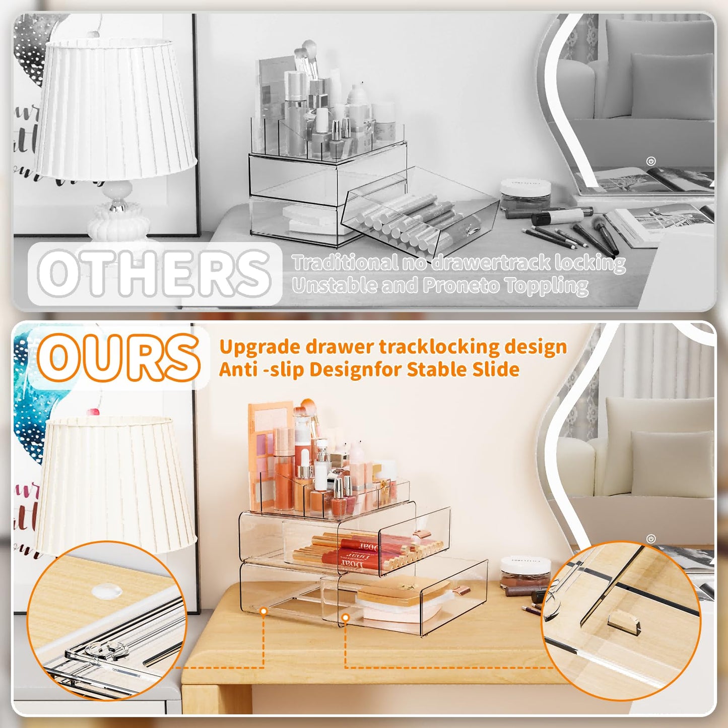 Yieach Clear Acrylic Makeup Organizers Countertop for Dresser,Desk,Bathroom Vanity,3 Tier Stackable Make up Holders and Makeup Cabinet,Tiered Cosmetic Storage and Make up Containers for Palette,Brush