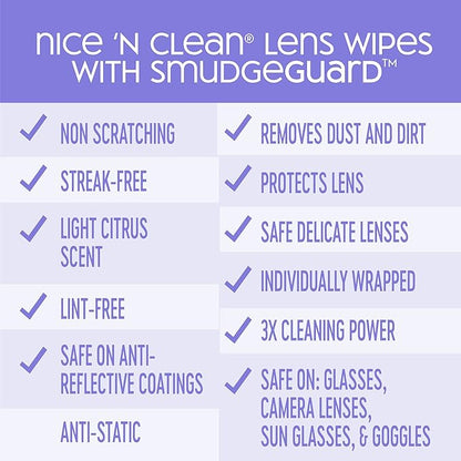 Nice 'n Clean SmudgeGuard Lens Cleaning Wipes | Pre-Moistened Individually