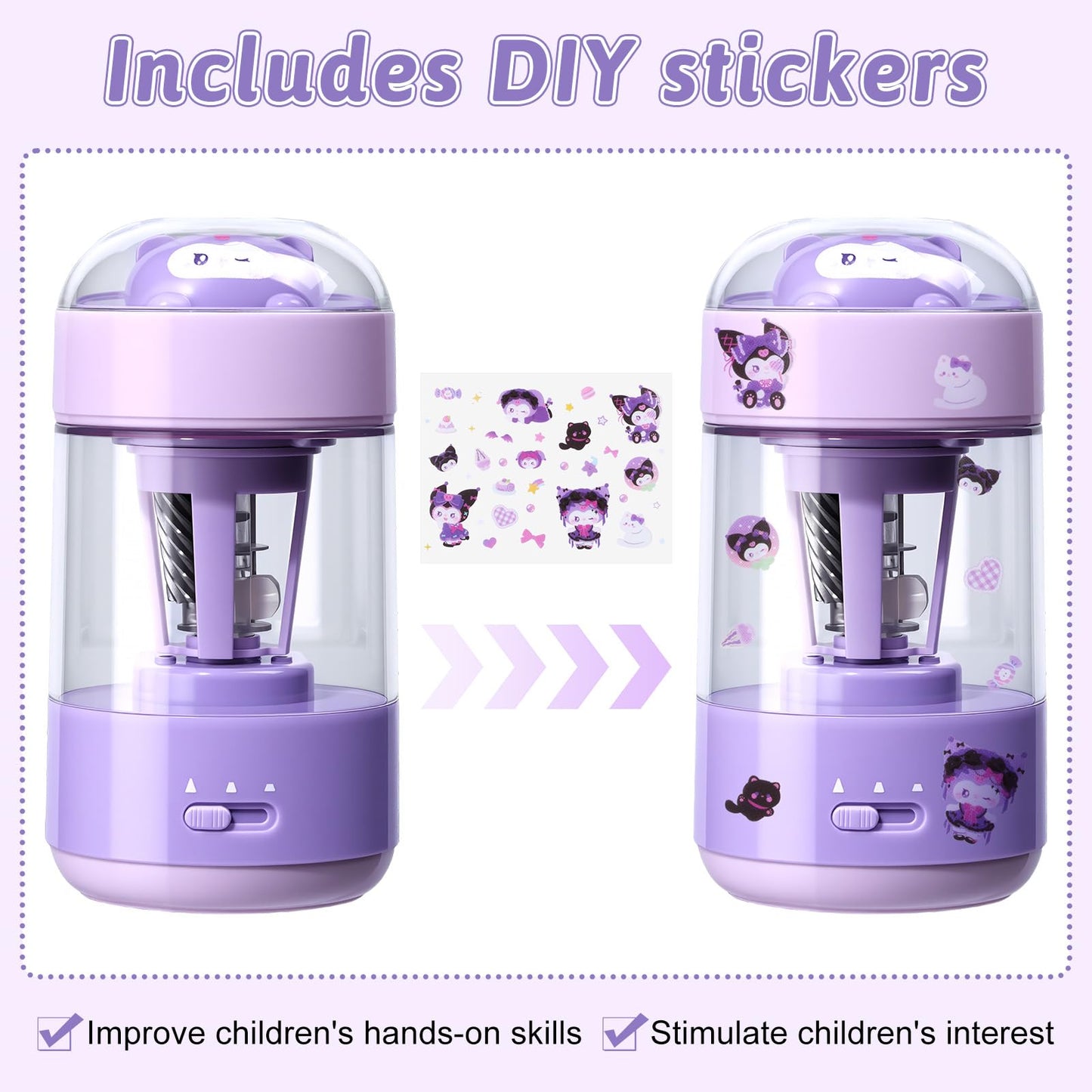 Rechargeable Automatic Electric Pencil Sharpener, Auto in & Out 3 Adjustable Thickness, Type-C Charging, Cute DIY Stickers, for 6-8mm Pencils, 3s Fast Sharpening, Ideal for School & Home (Purple)