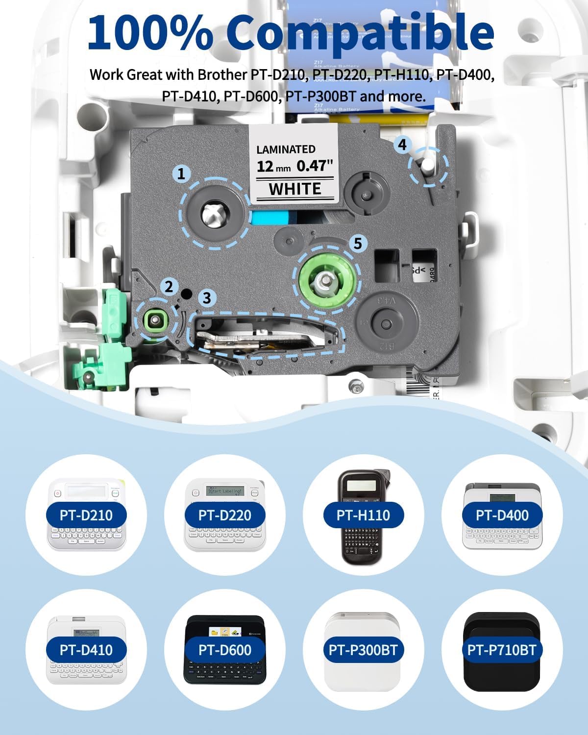 Label Maker Tape Replacement for Brother P Touch Label Tape 12mm 0.47 Laminated White TZe-231 TZe231 TZe TZ Label Maker Refills for Brother PT-D220 D210 H110 D410 D610BT, 12mm x 8m, 6-Pack