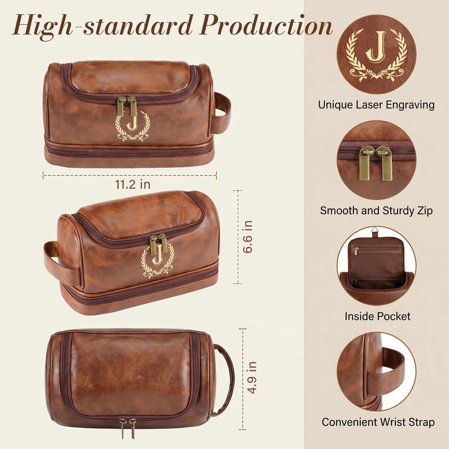 Personalized Toiletry Bag for Men, Father Day Gifts, Initial Toiletry Bag, Customized PU Leather Travel Shaving Kit Bag, Birthday Gift for Men, Him, Husband, Dad, Brother, Groomsmen, Boyfriend(J)