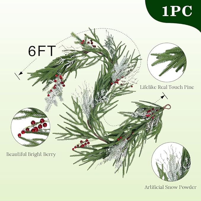 6FT Christmas Garland with Berries - Snow Dusted Pine Garland for Staircase Mantel Doorway, Christmas Decorations Holiday Indoor Outdoor Winter Garland