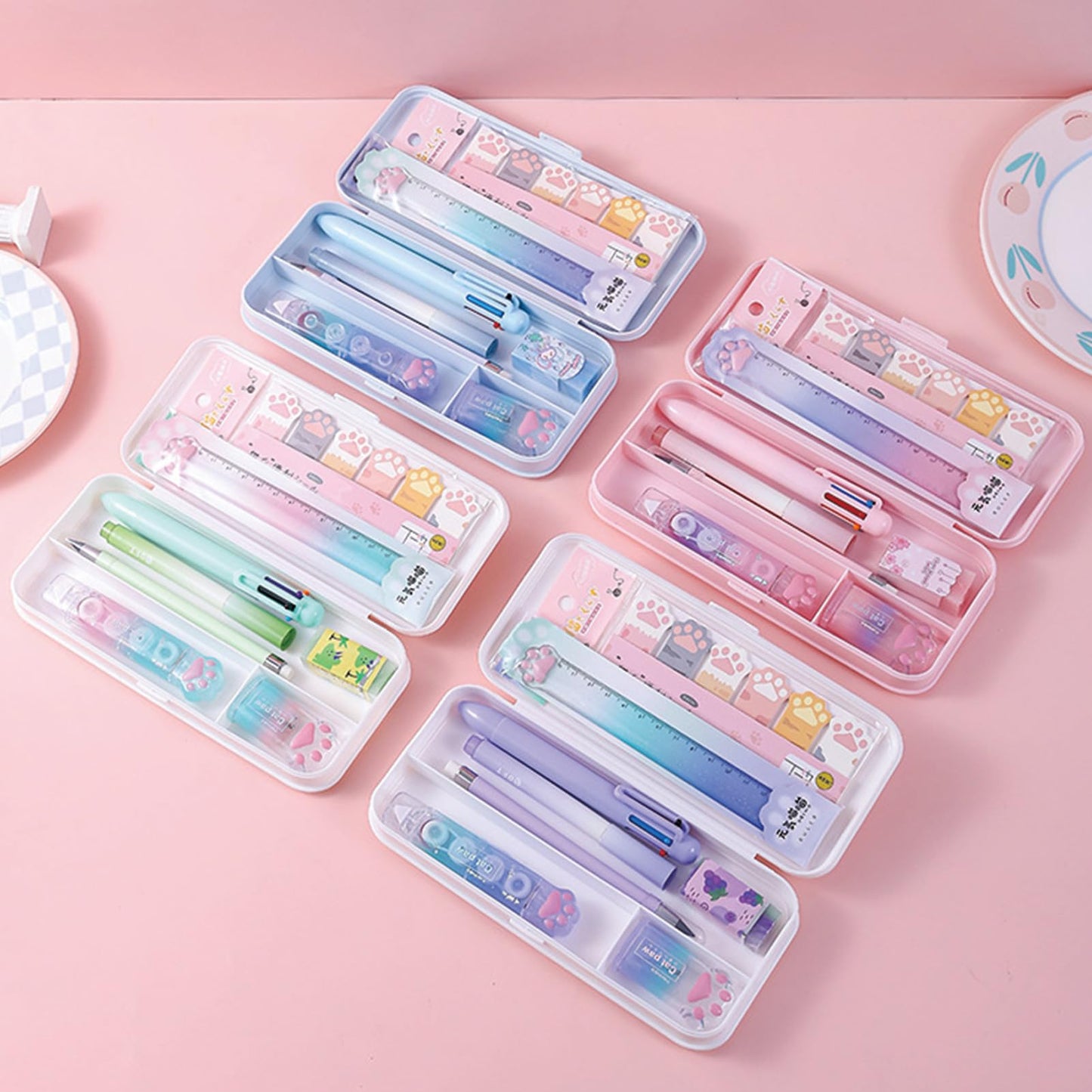 MOZXIRZ 9 Pcs Cute Purple Stationery Set for Girls Boys Kids Women Back to School Supplies Office Supplies Cartoon Cat Paw Stationery Set Aesthetic Kawaii Stationery Gift (Purple)