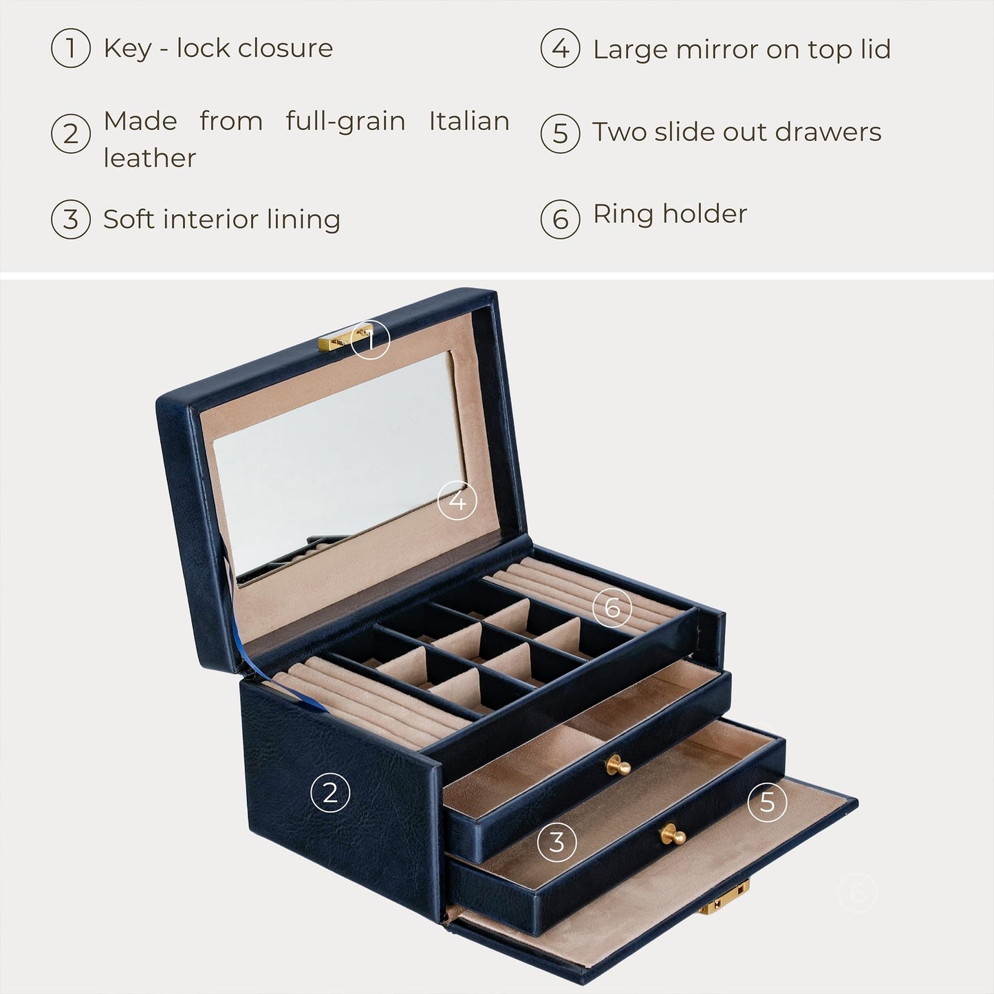 Time Resistance Jewelry Box - Full Grain Leather Jewellery Organizer - Accessories Storage - Key Lock Box for Women (Blue)