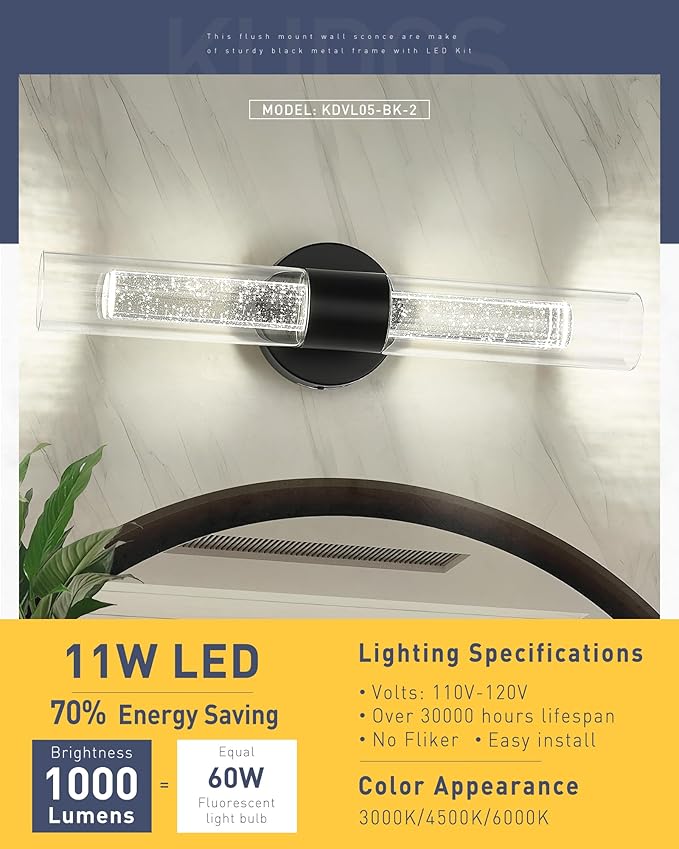 kudos Black Bathroom Sconces Wall Lighting, LED Wall Lights with Crystal Bubble and Clear Glass, 3000K/4500K/6000K Adjustable, KDVL05-BK-2