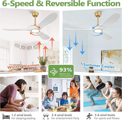 52 Inch Ceiling Fans with Lights and Remote, Dimmable 3 Blade Wood Outdoor Ceiling Fan for Patios Low Profile Modern Ceiling Fan with Light for Bedroom Living Room Indoor Gold White