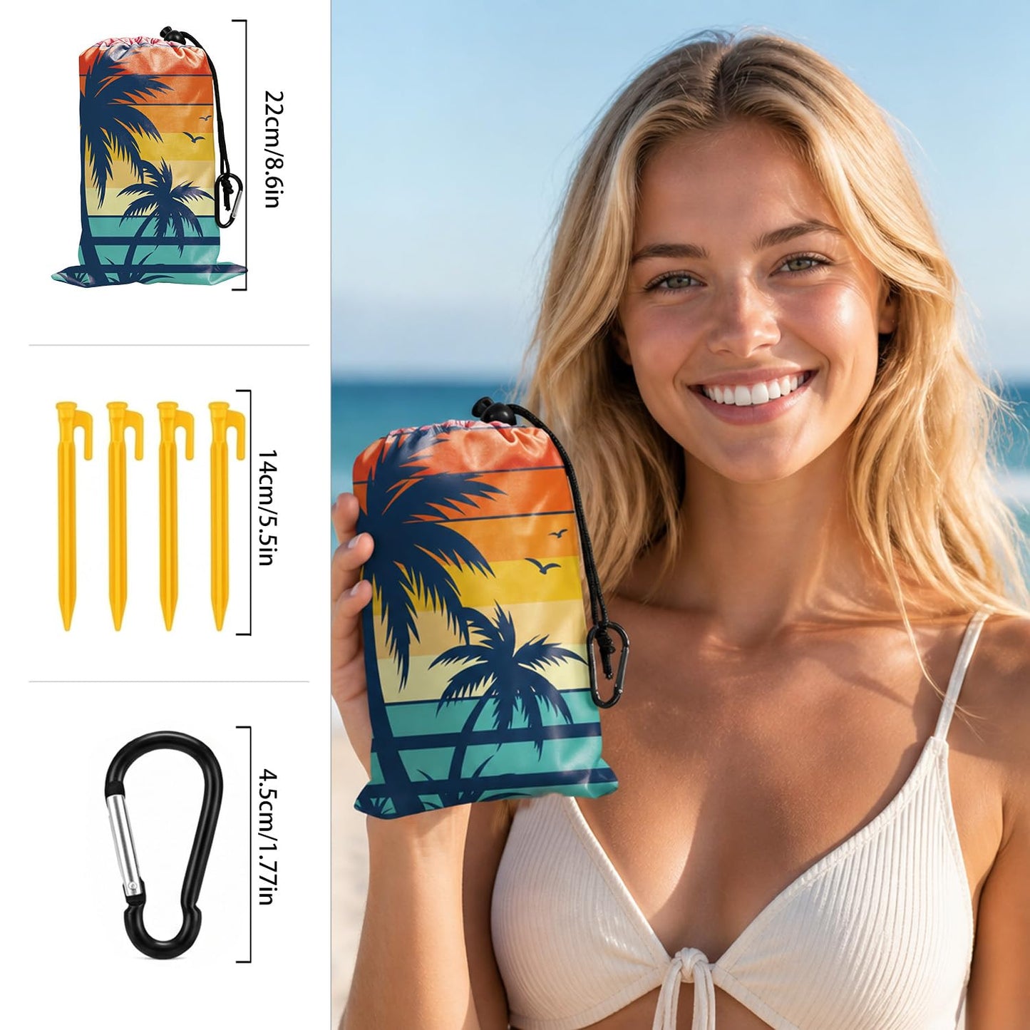 InIsaJace Beach Blanket Waterproof Sandproof, Sunset Beach Mat Sand Free with Anchors Stakes Carabiner and Bag, Coconut Trees Camping Tarp for Outdoor Picnic Travel Camping Hiking 79”x 83”