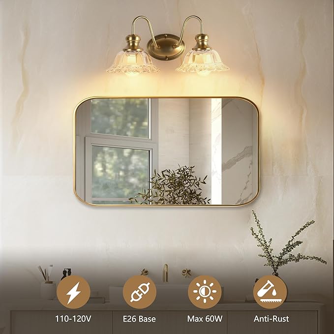 2-Lights Bathroom Vanity Light Gold Vintage Light Fixtures Matte Antique Flower Floral Brass Crystal Glass Shade Wall Sconces Lighting for Living Room, Bedroom, Hallway（E26 Base）