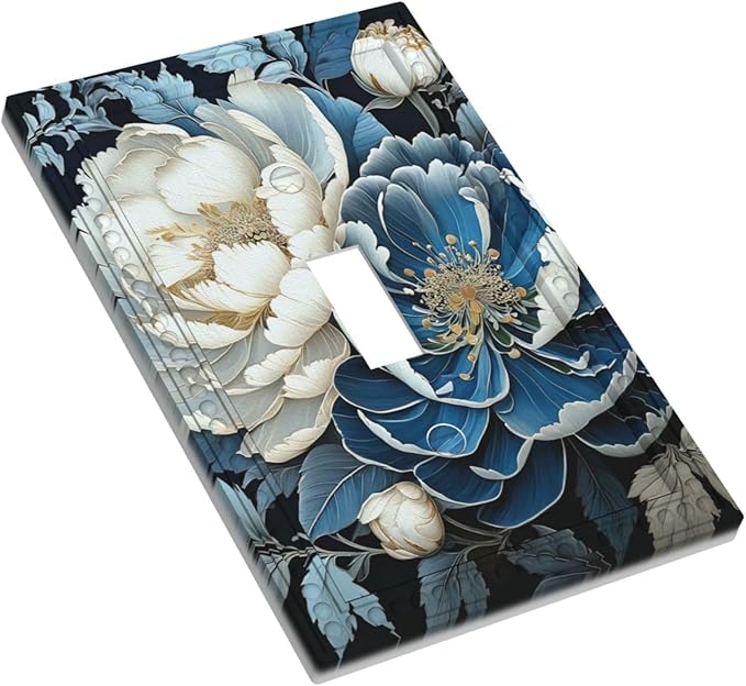 White Blue Flower Peonies Light Switch Covers 1 Gang Single Toggle Wall Plate Decorative Switchcover Electrical Switchplate for Country Living Decor