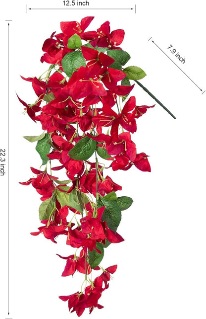 2PCS Bougainvillea Artificial Hanging Flowers Plants for Outdoors Outside Fall Decoration, Faux Silk Flowers Fake Vines UV Resistant Look Real Realistic for Front Door Porch Planter Balcony, Red