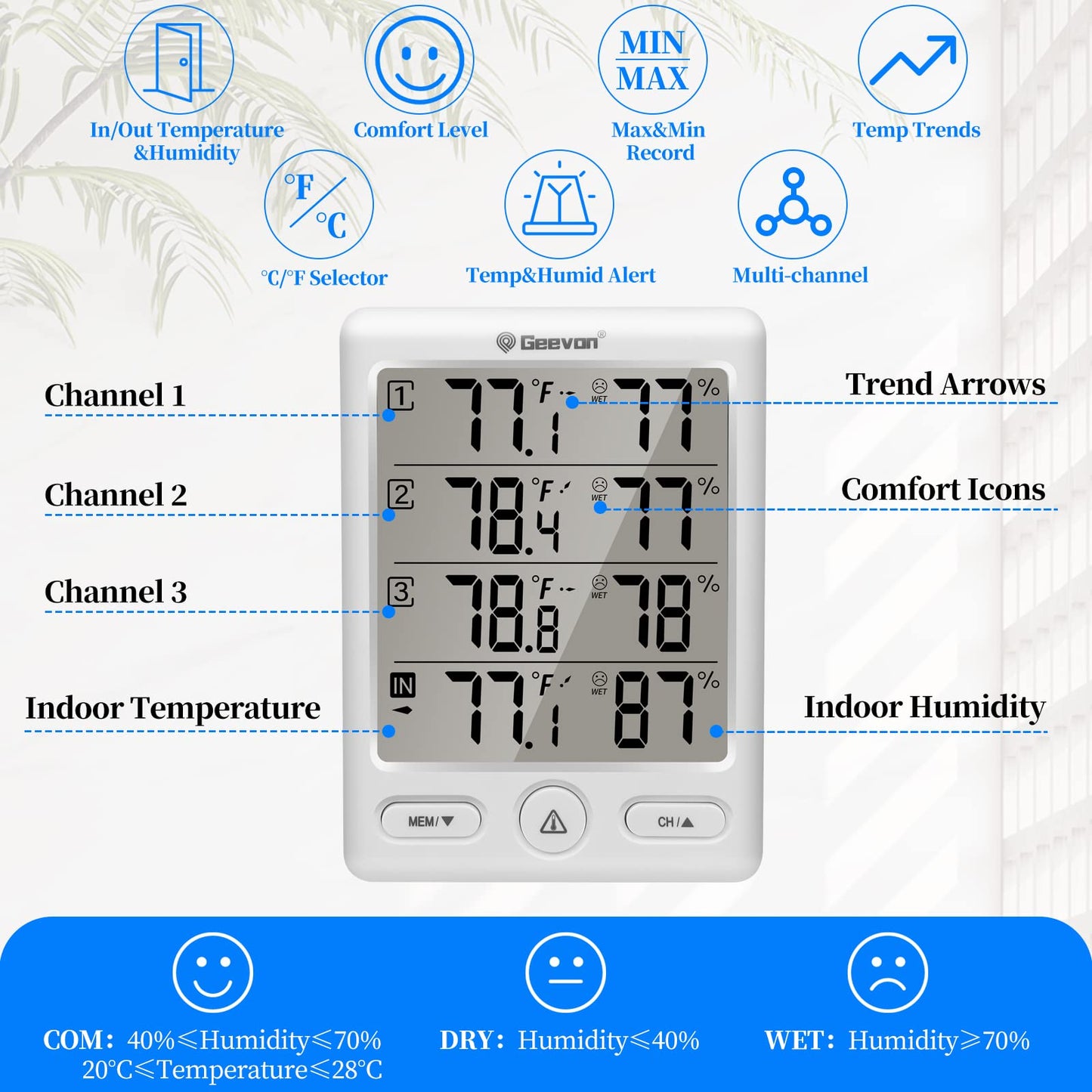 Geevon Indoor Outdoor Thermometer Wireless with 3 Remote Sensors, Digital Hygrometer Thermometer, Wireless Temperature Humidity Monitor Gauge with 200FT/60M Range (Black)