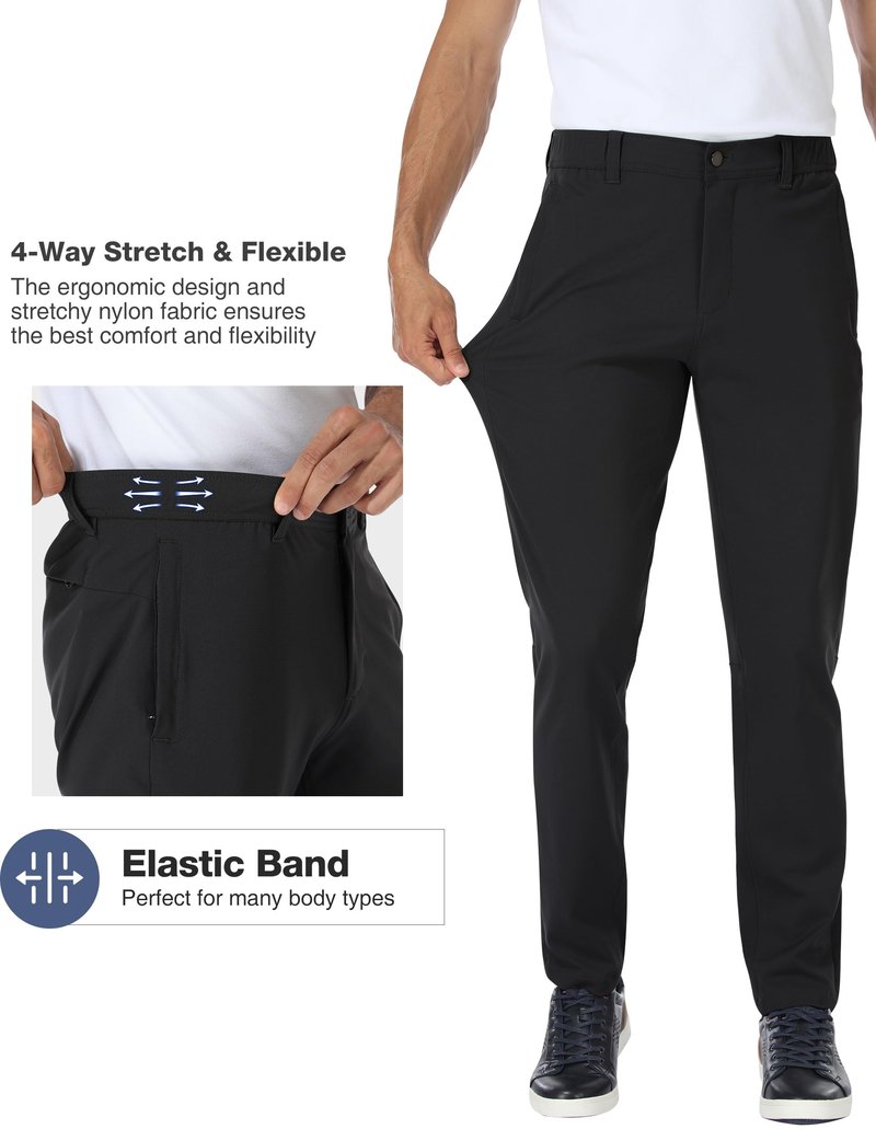 PULI Golf Pants Men Stretch Slim Fit Dress Casual Work Pants with Pockets Tapered Lightweight Waterproof Pants Black,34Wx32L