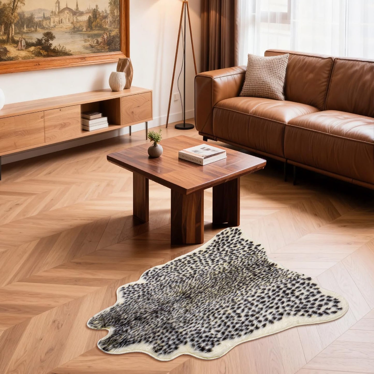 YulyreZome Leopard Print Rug, Faux Fur Cheetah Rug for Living Room Bedroom, 3.3'x3.1' Soft Animal Print Area Rug, Irregular Shaped Leopard Hide Floor Mat for Home Decor