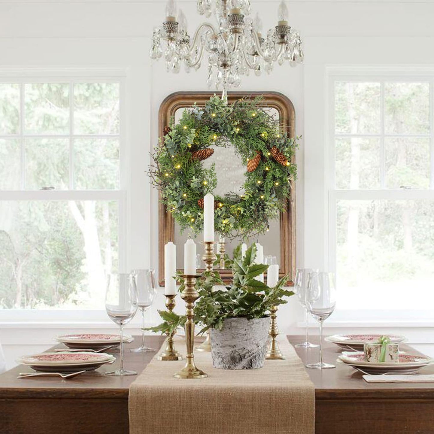 Pre Lit Christmas Wreath for Front Door Green Wreath Decorated with Pine Cones,Berry Clusters, Abundant Fit Branches 18” Lighted Christmas Wreaths for Windows Winter Wreath Hanging Wall Decor
