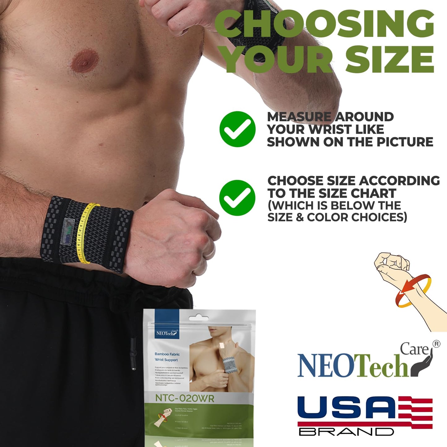 NeoTech Care Wrist Band - Light, Elastic, Men, Women, Right or Left (Black Color, Size M, 1 Unit)