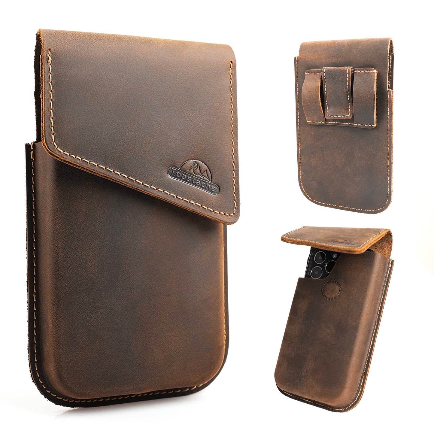 Topstache Leather Phone Holster for Galaxy S25 Plus, S24 Plus - Leather Phone Pouch with Belt Clip for iPhone 17 Pro Max, 17 Air, 16 Pro Max, 16 Plus - Belt Pouch Holder, XL,Darkbrown