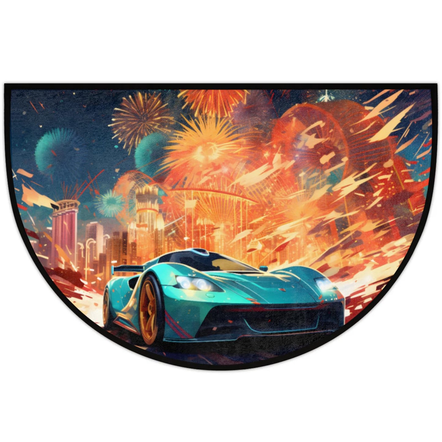 LCLJJDMBM Fireworks Race Cars Half Round Door Mat Indoor Entrance Half Moon Rug Area Rug Low Pile Non Slip Absorbent Semi Circle Welcome Mats for Kitchen Patio Home Decoration 36x24 Inch