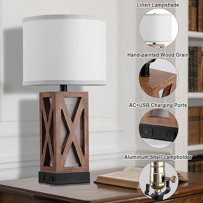 Wood Table Lamp, Vintage Nightstand Lamp with USB Charging Ports A/C, Farmhouse Bedside Lamps for Living Room