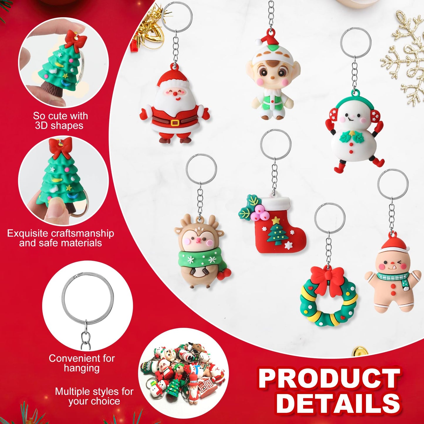 Becfupo 100 Pcs Christmas Rubber Keychains Bulk, 3D Santa Claus Snowman Xmas Tree Reindeer Hanging Ornaments With Keyrings For Christmas Tree Decoration, Xmas Party Supplies