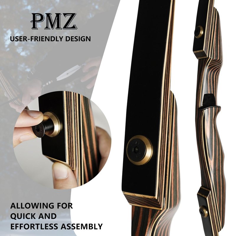 PMZ Archery Longbow, 65'' Wooden Takedown Professional Longbow for Hunting, Right Hand Traditional Bow for Adults Beginners to Advanced Outdoor Practice (Brown Riser, 45lbs)