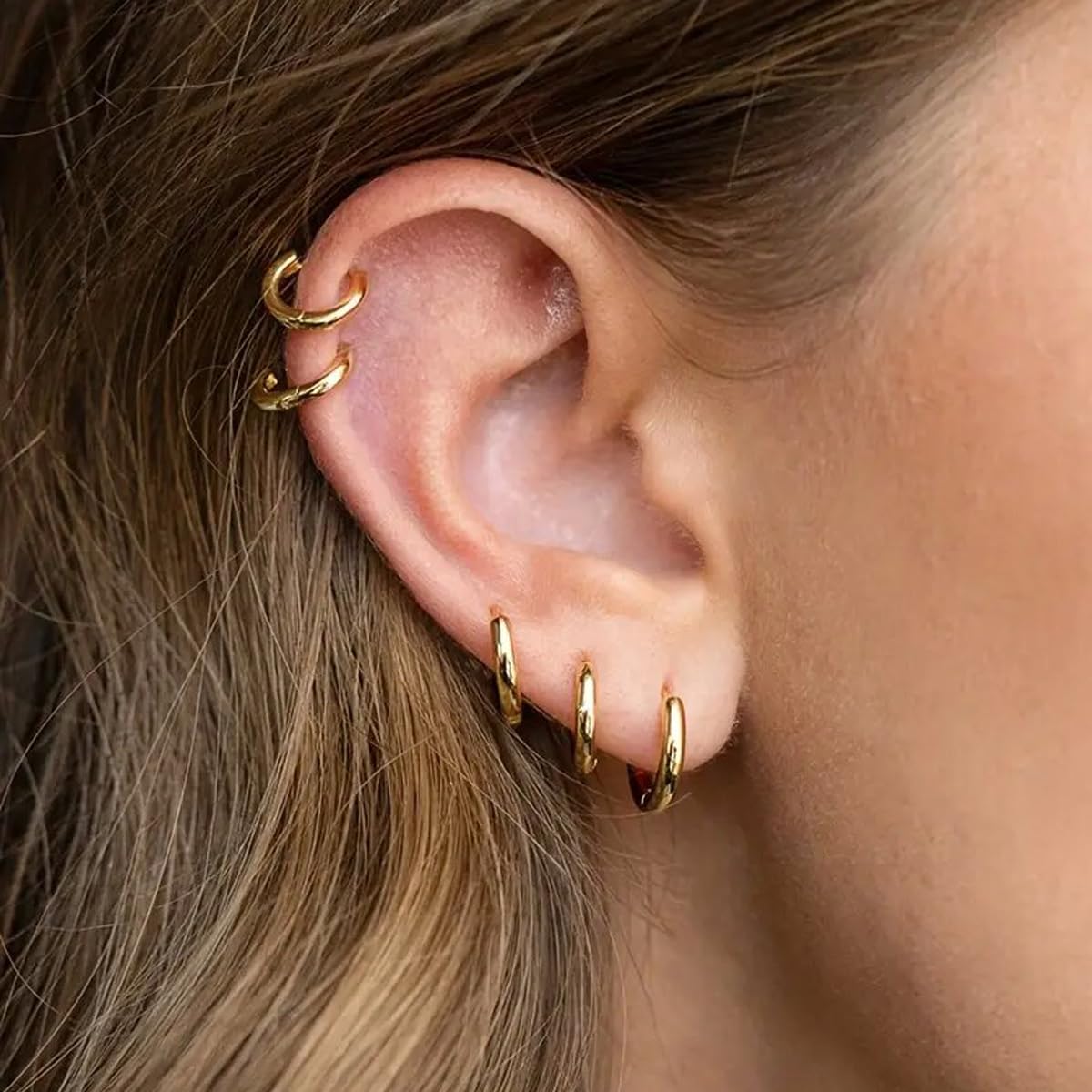 4 Pairs Small Gold Hoop Earrings Set for Women, 14k Gold Plated Cartilage Hoop Earring Hypoallergenic Small Hoop Earrings for 2nd 3rd Hole Huggie Hoop Earrings for Women Men Gifts (Gold-1.6mm)