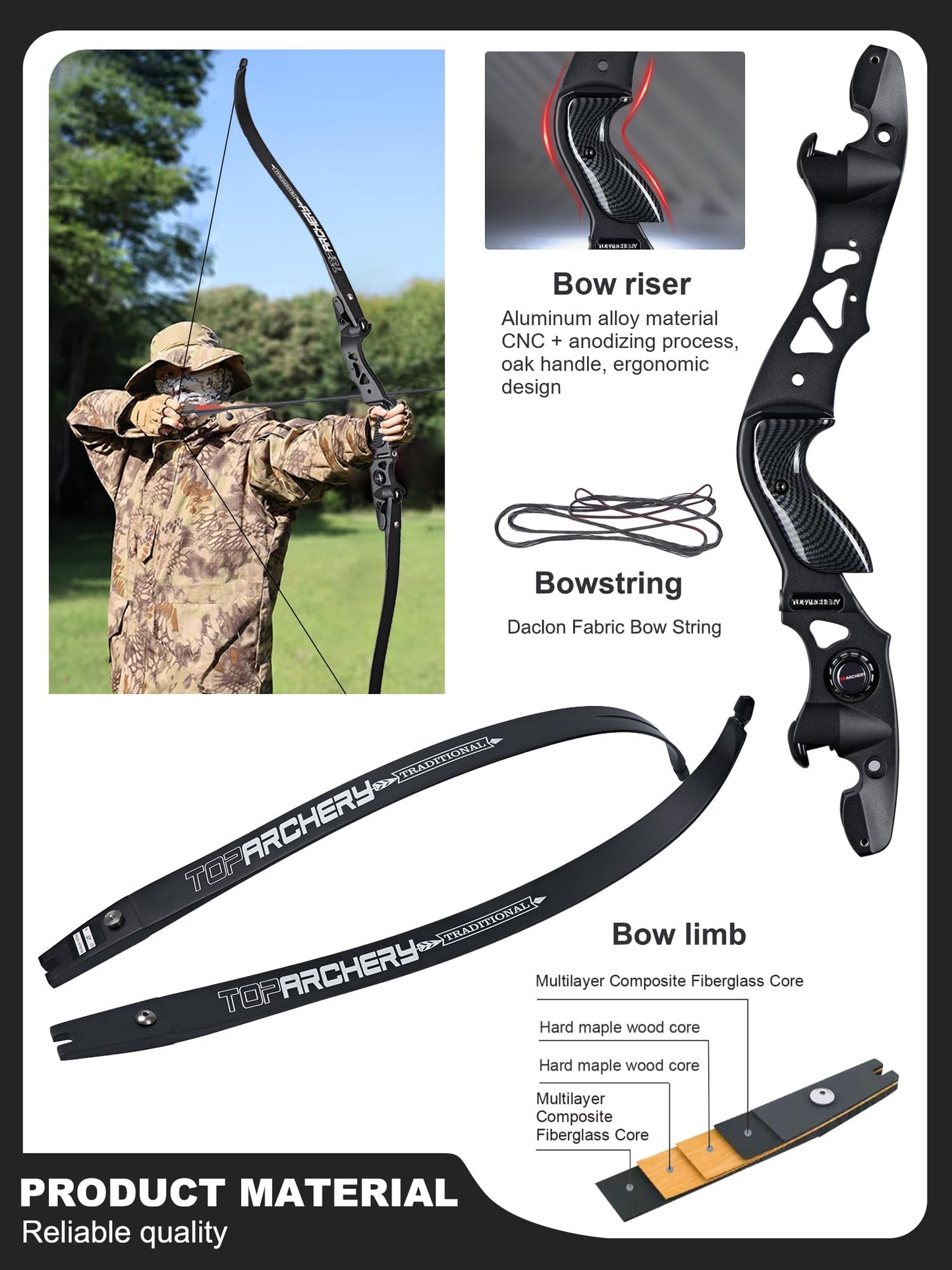 TOPARCHERY ILF Takedown Recurve Bow for Adult & Beginner,Bow and Arrow Set 62" Recurve Hunting Bow for Outdoor Training Practice Right Hand (45lb)