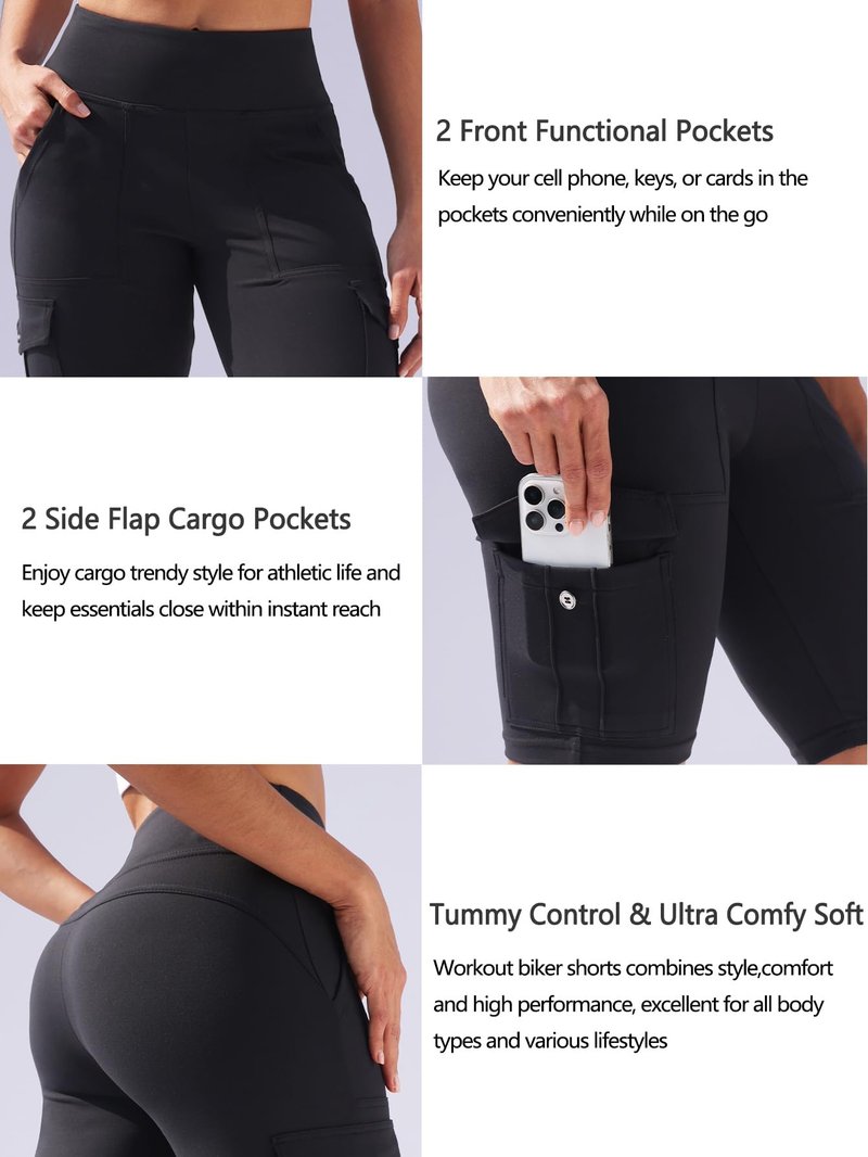 VOOVEEYA High Waisted Workout Biker Shorts Women Tummy Control Yoga Running Shorts with Cargo Pockets Gym Athletic Shorts (Black-L)