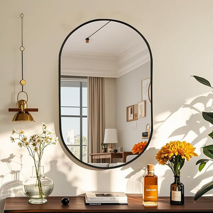 24x36 inch Oval Bathroom Mirror, Black Vanity Wall Mirror with Brushed Metal Frame, Oval Mirrors for Bathroom, Entryway, Over Sink, Living Room