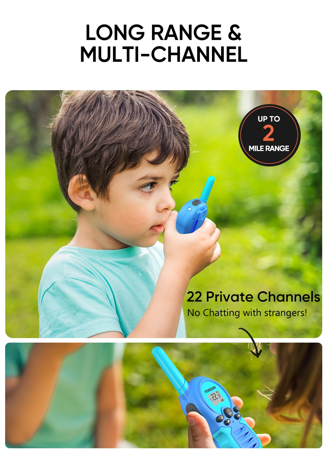 FOREDOM Rechargeable Walkie Talkies for Kids Walkie Talkies Long Range for Boy & Girl Age 3 to 12 Year Old Birthday Toys - 2 Pack