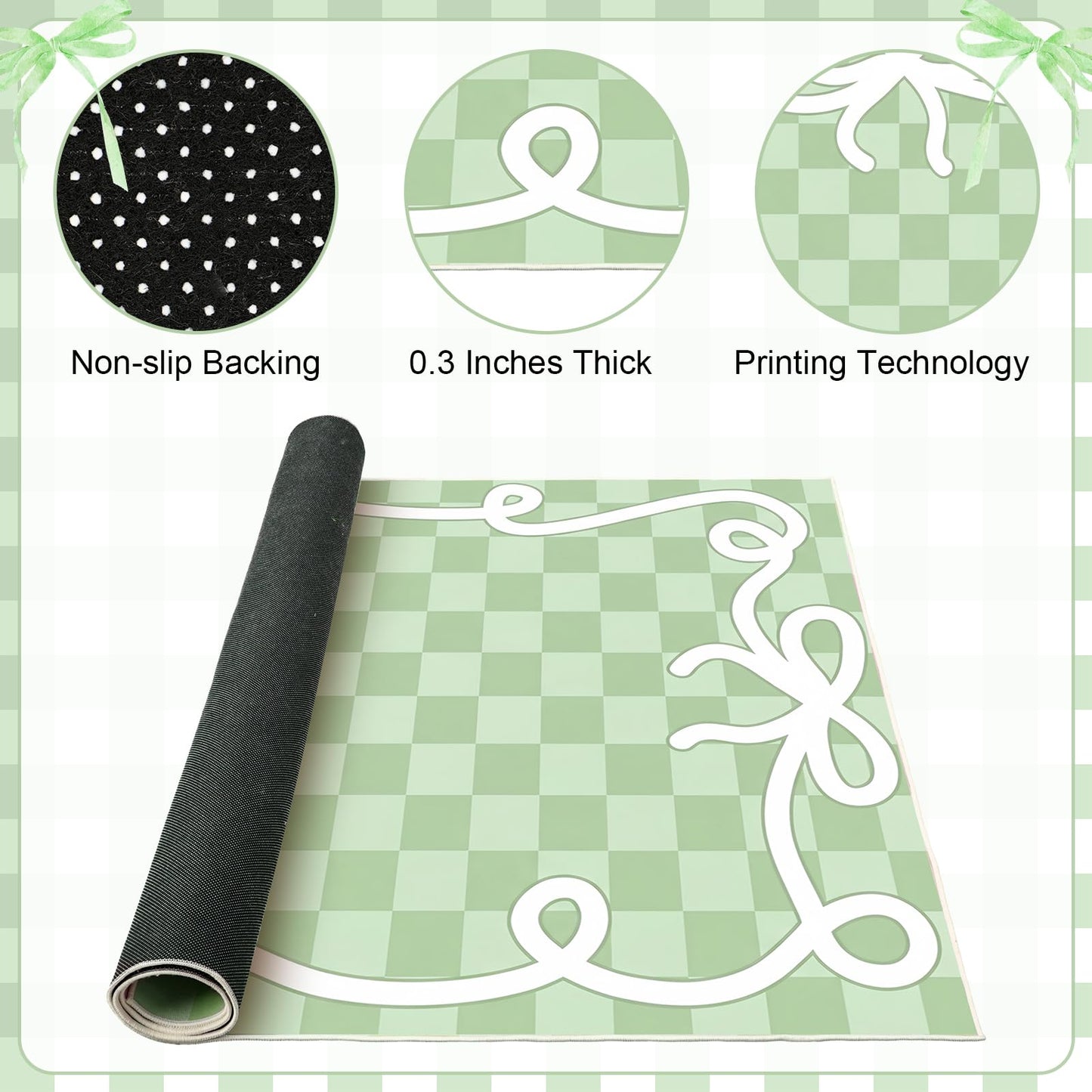 Klyyo Clyro Back to School Decoration Classroom Area Rug Green Bow Border Check Classroom Educational Area Rug for Kids, Children's Schoolroom for Teaching and Playroom, 5 x 7.6 Ft, Seats 20