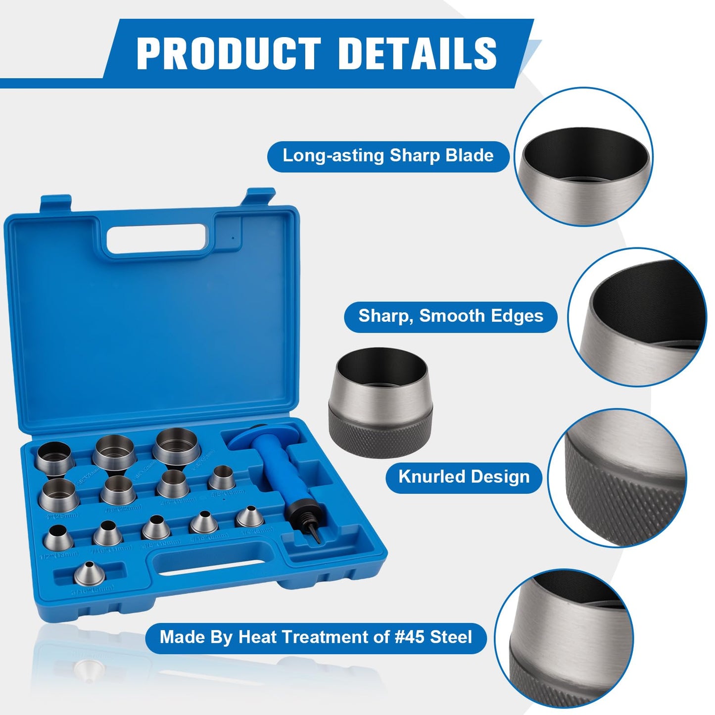 ReeMoo 14PCS Sharp Hollow Punch Set, Gasket Hollow Punch Kit, Rubber Hollow Hole Punch Set 3/16" to 1-3/8" for Leather, Rubber, Plastic, Gasket, Foam, with Handle