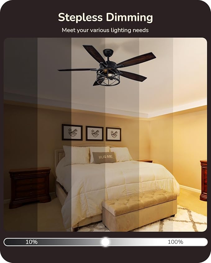 EDISHINE 52 Inch Farmhouse Ceiling Fans with Lights, Remote Control, 5 Wooden Blades, Dimmable, Timer, 6 Speeds Reversible DC Motor, Rustic Lighting & Ceiling Fan for Bedroom Living Room, UL Listed