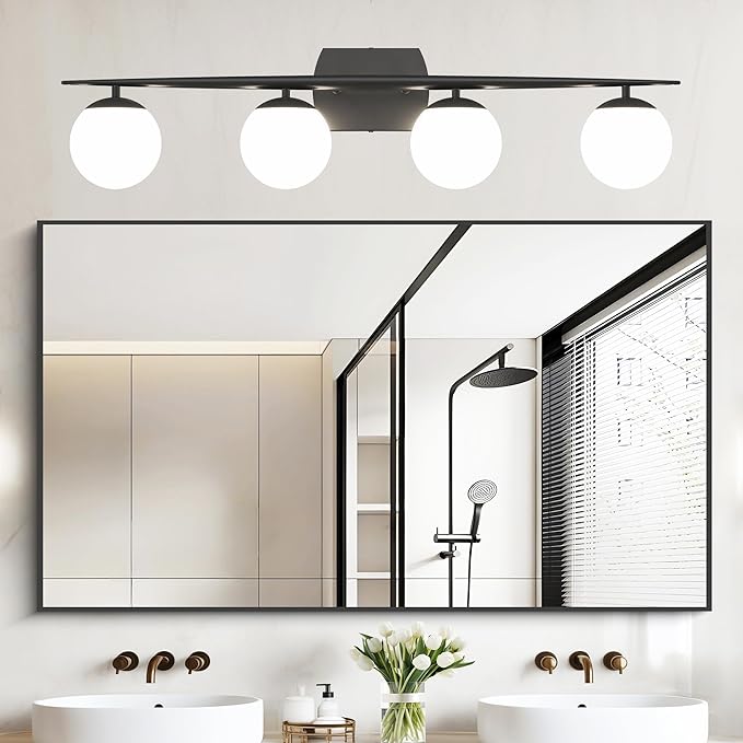 Black Vanity Lighting Fixtures, 4-Light 34.7 Inch Modern Bathroom Light with Milky White Frosted Glass Shades, Wall Lights for Bathroom, Bedroom, Living Room（G9 Bulb not Included）