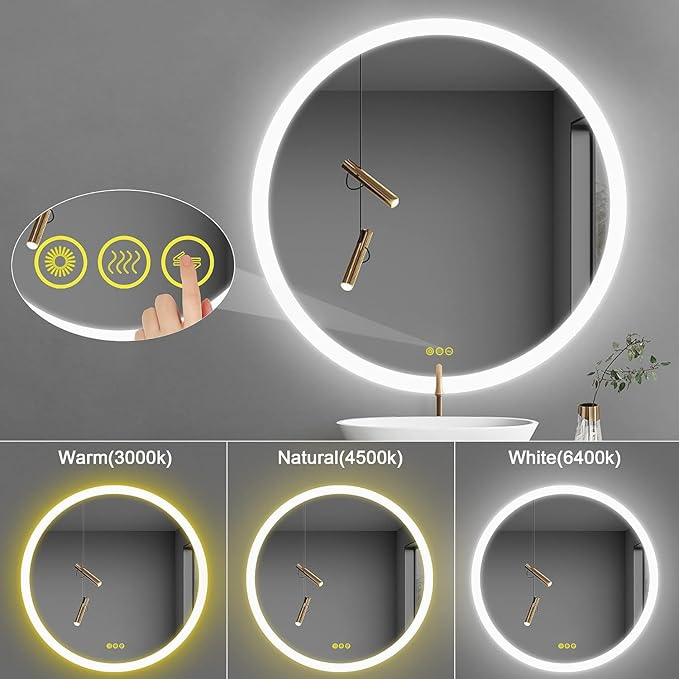OKISS Wall-Mounted LED Round Bathroom Mirror, Makeup Mirror (28 inches x 28 inches,) 3 Color Stepless Dimmable Memory Bathroom Vanity Mirror with Lights CRI90+ 3000-6400K Smart Mirror with Touch