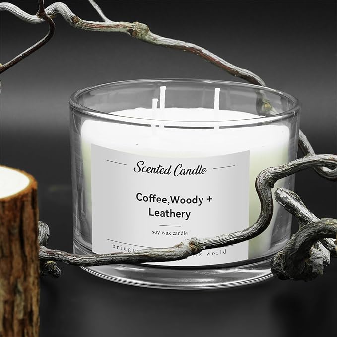 Premium 3-Wick Scented Candle 420g, Jar Aromatherapy Candle Birthday Gifts for Men and Women, Long Lasting 50H, Soy Wax Natural Essential Oil Blend for Home Office Spa (Coffee+Woody+Leathery)