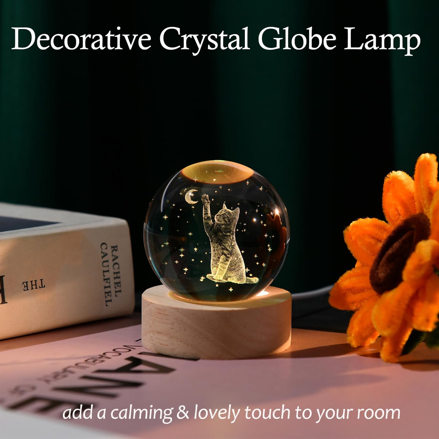 IFOLAINA 3D Cat Themed Gifts for Women Friends Cat Lovers Presents 2.36" Engraved Crystal Ball with Wooden Light Base Crystal Pet Sphere Decor