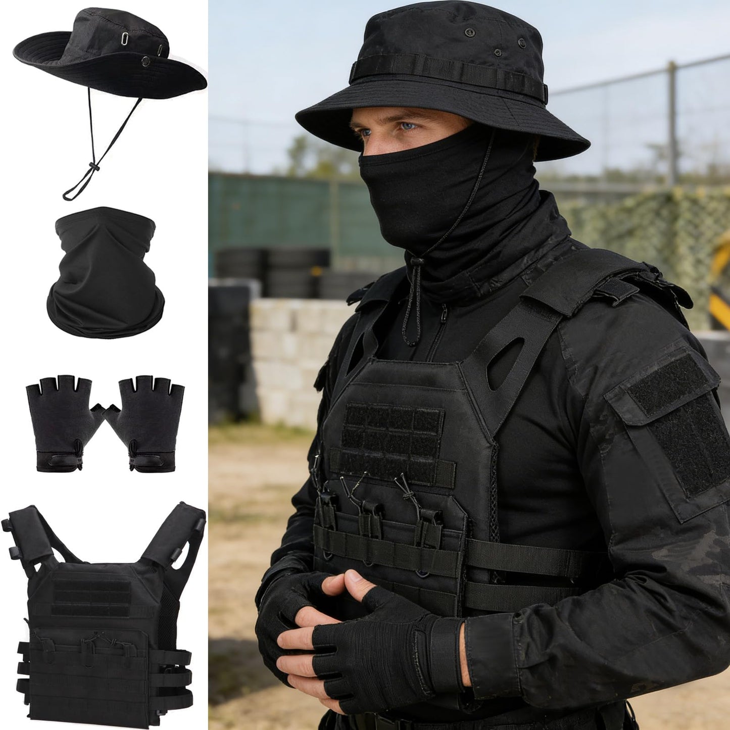 SANYETS Tactical Airsoft Vest,Black Lightweight Vest and Cap,Gloves,Balaclava for Costume, Men's Airsoft Tactical Gear