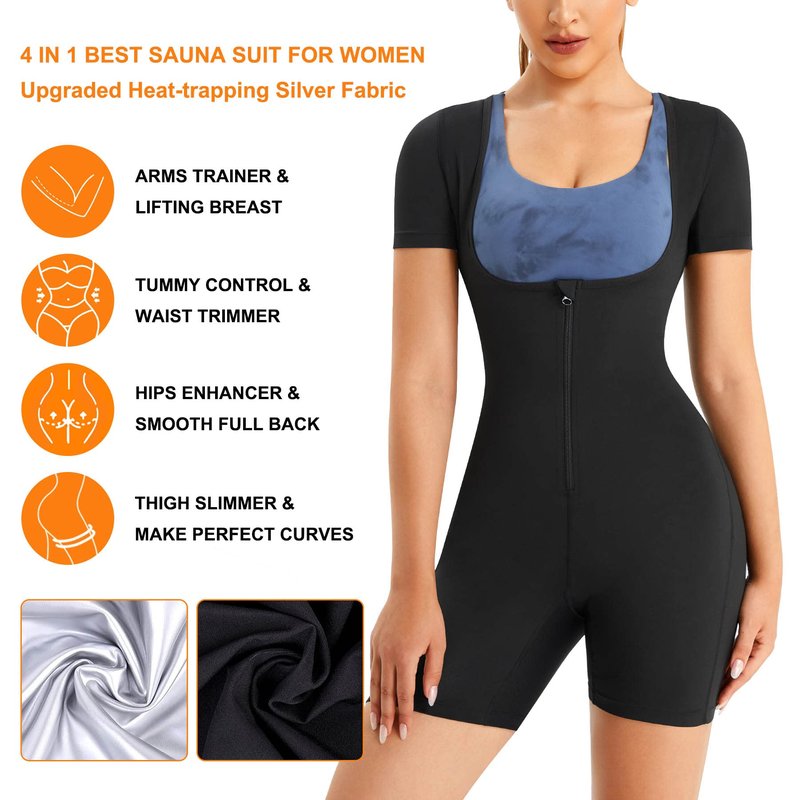 URSEXYLY Sauna Suit for Women Sweat Vest Waist Trainer 3 in 1 Slimming Full Body Shaper Workout Top with Sleeve Shorts (Black, XX-Large)