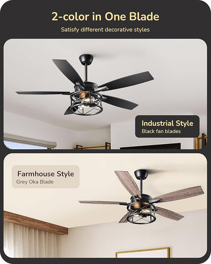 EDISHINE 52" Black Farmhouse Ceiling Fans With Lights, Remote Control, Dimmable, Reversible DC Motor, 5 Wooden Blades Rustic Indoor/Outdoor Ceiling Fan for Living Room Bedroom Porch